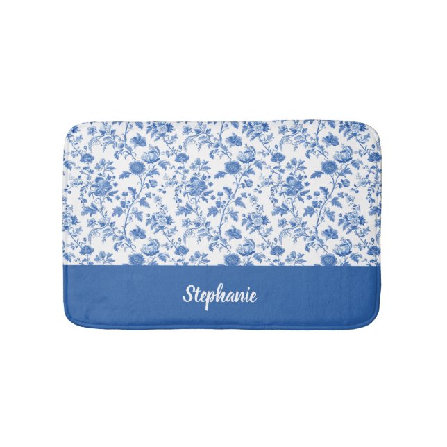 Blue White Vintage Floral Personalized Name Badrumsmatta (Framsidan)