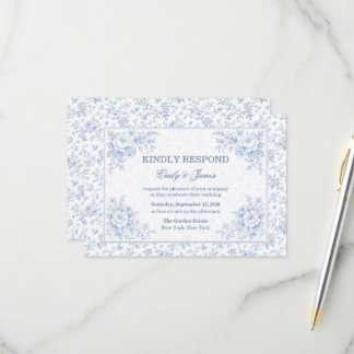 Blue & White Vintage Floral Wedding RSVP OSA Kort