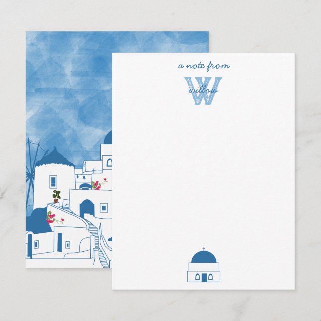Blue & White Watercolor Santorini Grekland Anteckningskort (Fram/baksida)