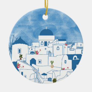 Blue & White Watercolor Santorini Grekland Julgransprydnad Keramik