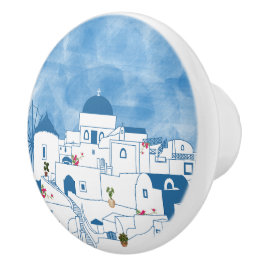 Blue & White Watercolor Santorini Grekland Knopp