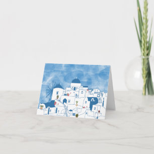 Blue & White Watercolor Santorini Grekland Kort