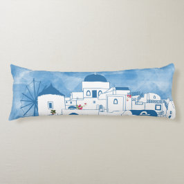Blue & White Watercolor Santorini Grekland Kroppskudde