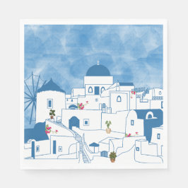 Blue & White Watercolor Santorini Grekland Pappersservett