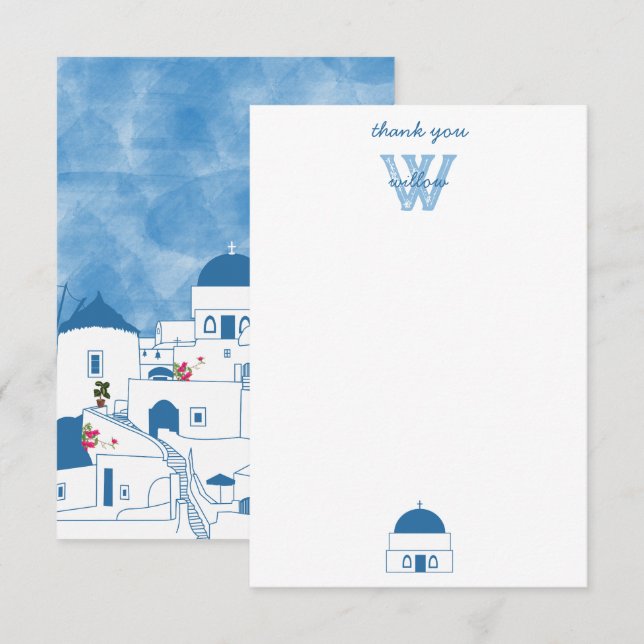 Blue & White Watercolor Santorini Grekland Tack Kort (Fram/baksida)