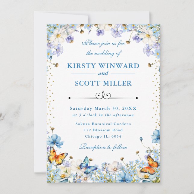 Blue White Wildblommor & Butterflies Bröllop Inbjudningar (Framsida)
