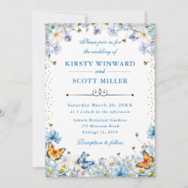 Blue White Wildblommor & Butterflies Bröllop Inbjudningar