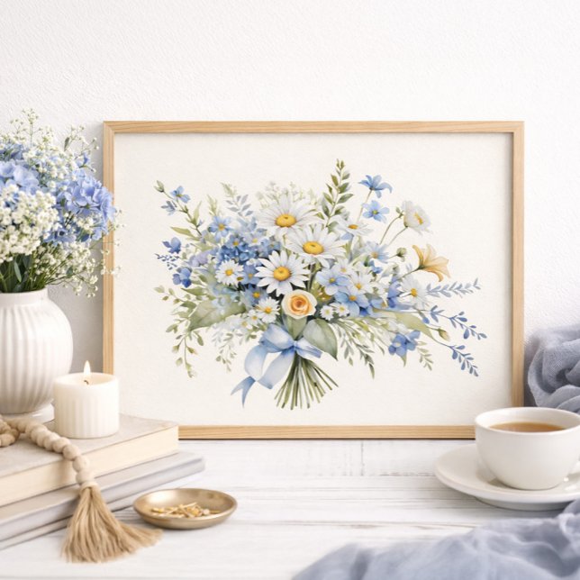 Blue White Wildflower Daisy Bouquet Home Decor Poster (Blue wildflowers and daisies wall art )