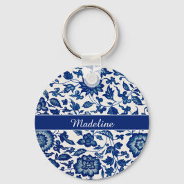 Blue White Wildflower French Country Chinoiserie Nyckelring