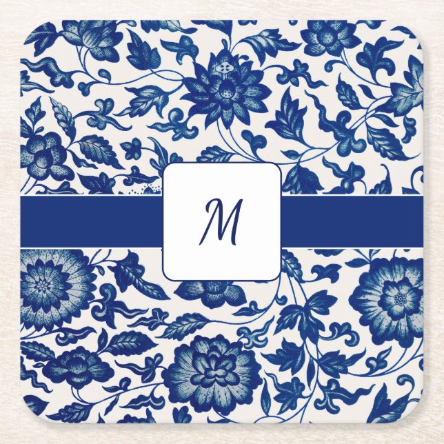 Blue White Wildflower French Country Custom Name Underlägg Papper Kvadrat (Framsidan)