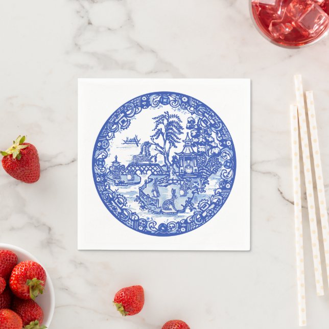 Blue White Willow Rabbit Classic Whimsical Napkins Pappersservett (Insitu)
