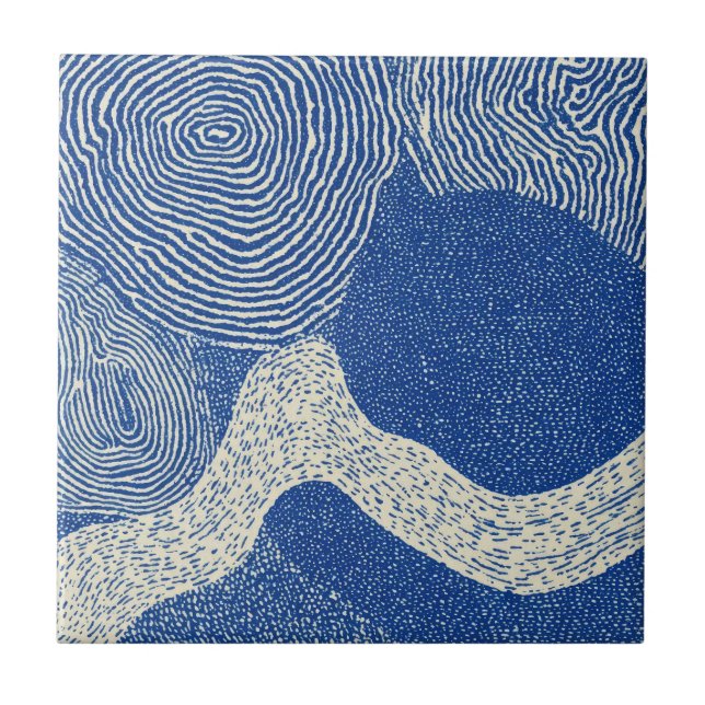 Blue White Woodcut Wave Abstract Pattern Kakelplatta (Framsidan)
