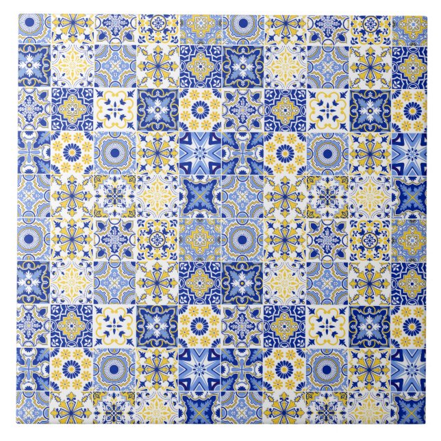 blue& white yellow Portuguese Azulejo pattern  Kakelplatta (Framsidan)