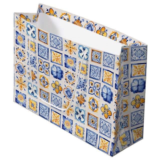 Blue White Yellow Tiles Pattern Summer Aesthetic  (Framsidan Vinklad)