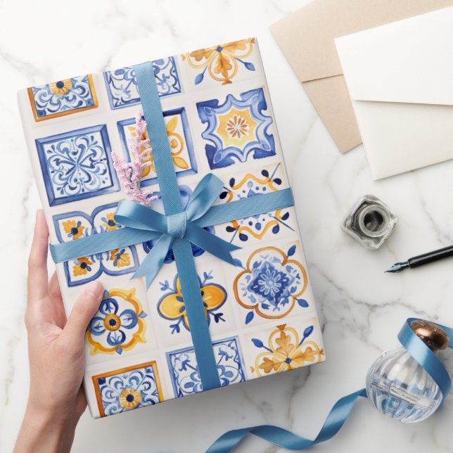 Blue White Yellow Tiles Pattern Summer Aesthetic  Presentpapper (Gifting)