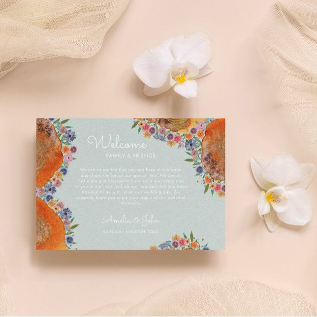 Blue Wildblomma Bröllop Välkomstork Bag Basket Placeringskort (Front)