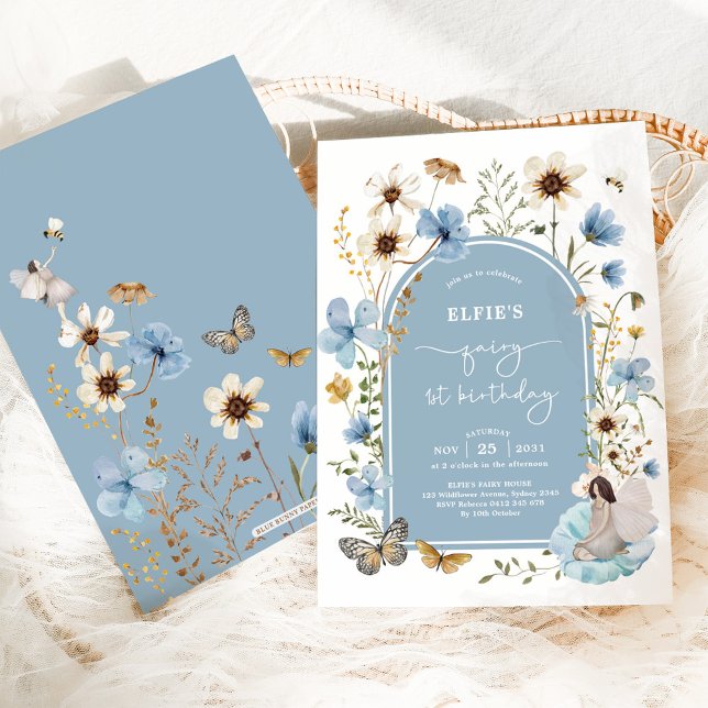 Blue Wildblomma Fairy First 1 Birthday Party Inbjudningar (Skapare uppladdad)