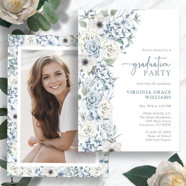 Blue Wildblomma Studenten Inbjudningar (Blue Watercolor Wildflower Photo Graduation Party Invitation by Painted Paperie
)