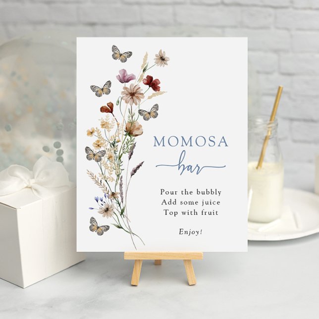 Blue Wildblommomosa Pub Poster (Dusty Blue Wildflower Mimosa Bar Poster with Butterflies by Painted Paperie
)