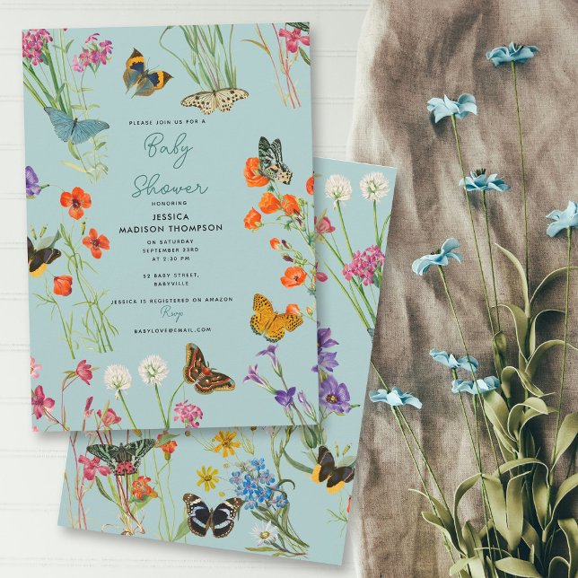 Blue Wildblommor Butterflies Baby Shower Inbjudningar (Blue Wildflowers Butterflies Baby Shower Invitation)