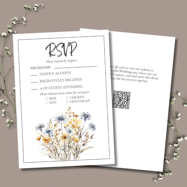 Blue Wildblommor Modern Elegant Forme Bröllop OSA Kort (Blue Wildflowers Formal Elegant RSVP Card with Menu Options and QR Code.)