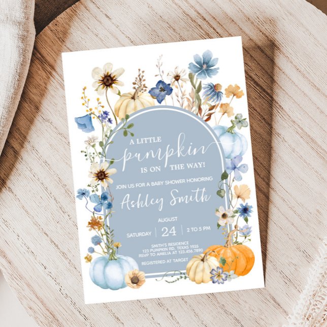 Blue Wildblommor Pumpkin Baby Shower Inbjudningar (Wildflower Pumpkin Baby Shower Invitation
)