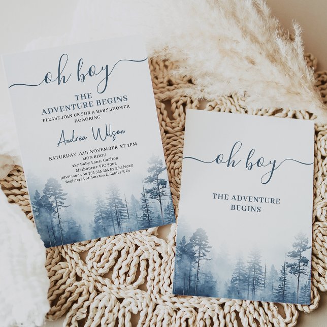 Blue Wilderness Äventyr Begins Baby Shower Inbjudningar (Boy's The Adventure Begins Baby Shower Invitation, Wilderness oh boy baby shower invitation, )