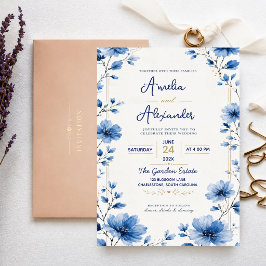 Blue Wildflower Elegant Watercolor Floral Romantic Inbjudningar
