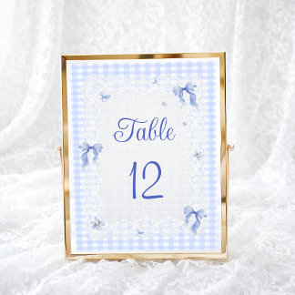 Blue Wildflower Floral  Bow Gingham Table Number
