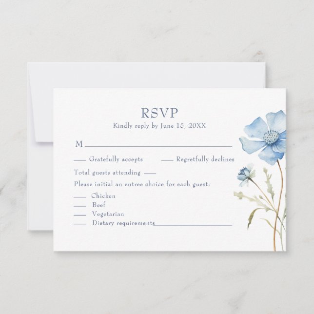 Blue Wildflower Garden Wedding RSVP Card OSA Kort (Framsida)