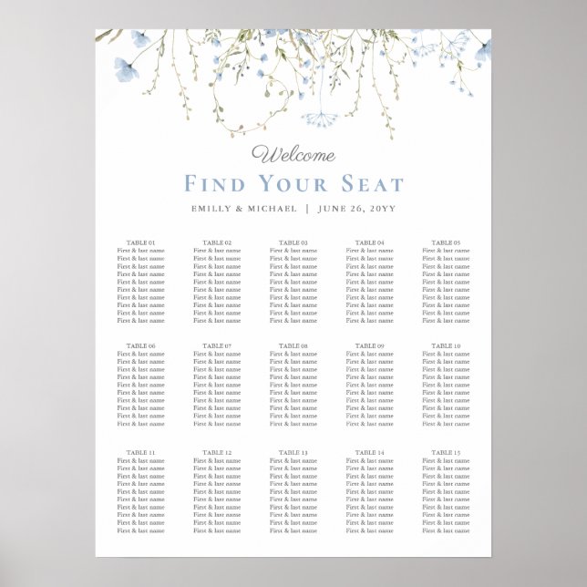 Blue Wildflower Periwinkle Wedding Seating Chart Poster (Framsidan)
