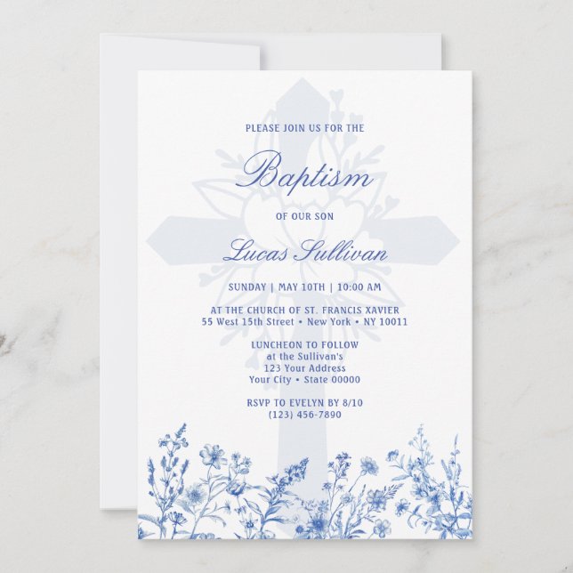 Blue Wildflowers Holy Cross Baptism Invitation Inbjudningar (Framsida)