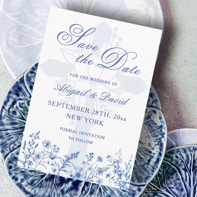 Blue Wildflowers Religious Wedding Save The Date Spara Datumet (Skapare uppladdad)