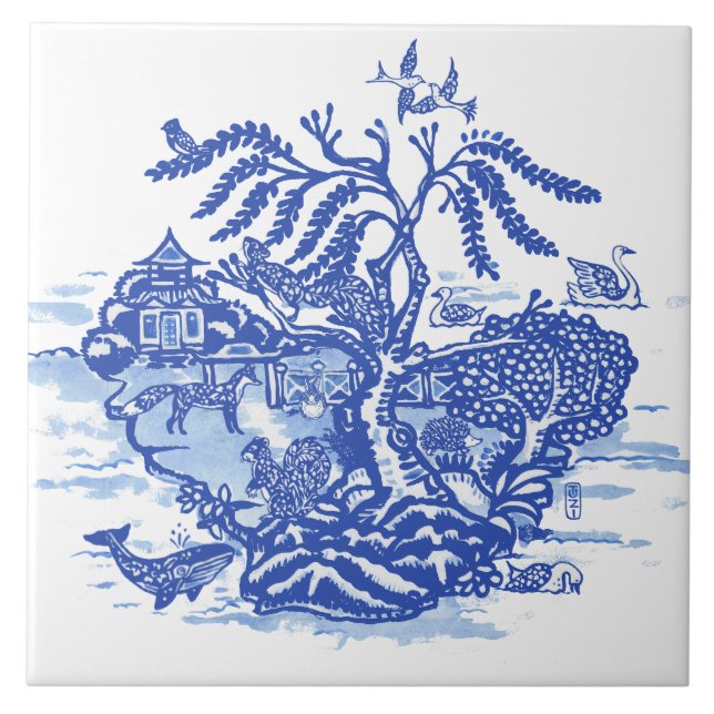 Blue Willow Animal Pagoda Garden Scene Chinoiserie Kakelplatta (Framsidan)