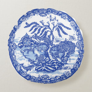 Blue Willow Animal Pagoda Garden Scene Chinoiserie Rund Kudde