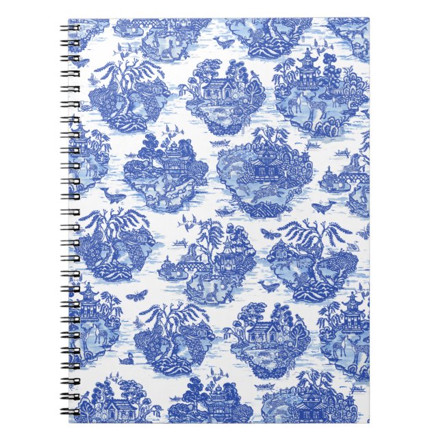 Blue Willow Animal Rabbit Hjort Fox Bird Toile Art Anteckningsbok (Framsidan)
