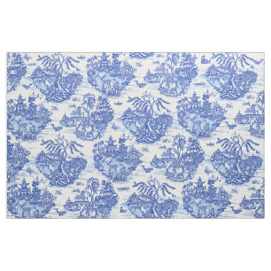 Blue Willow Animal Rabbit White Whimsical Toile Tyg