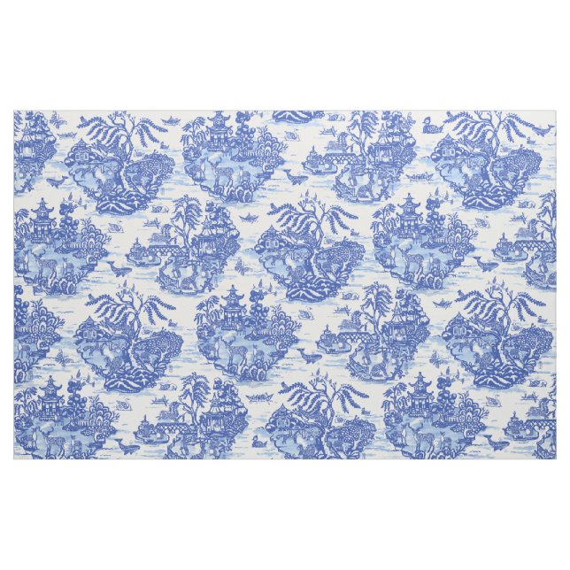 Blue Willow Animal Rabbit White Whimsical Toile  Tyg (Yard)