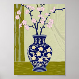 Blue Willow Chinoiserie Vase & Pink Cherry Blossom Poster