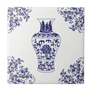 Blue Willow Chinoiserie White och Blue Ginger Burk Kakelplatta