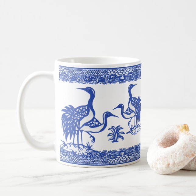 Blue Willow Cranes Bird Traditional Chinoiserie Kaffemugg (Med munk)