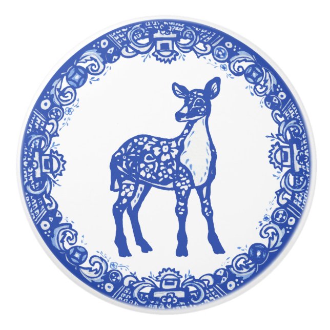 Blue Willow Design Blommigt Hjort Doe Ansikte Höge Knopp (Framsidan)
