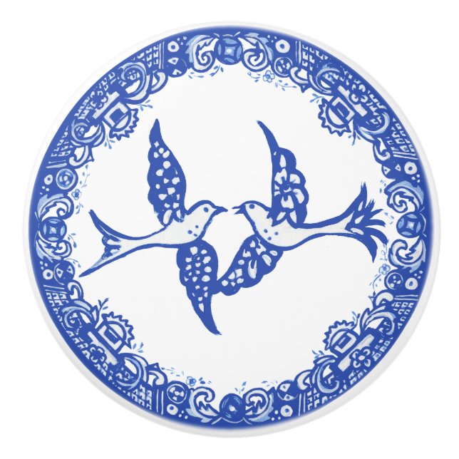 Blue Willow Design Blommigt Phoenix Birds Whimsica Knopp (Framsidan)