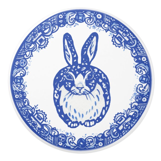 Blue Willow Design Bunny Rabbit Cute Whimsical Knopp (Framsidan)