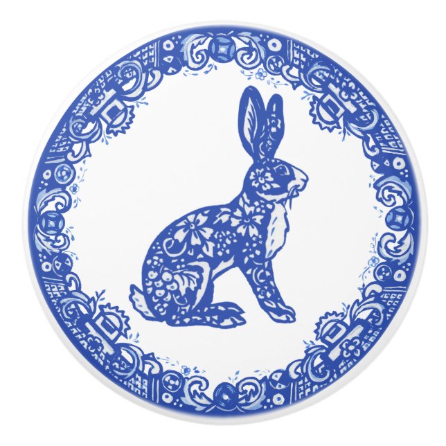 Blue Willow Design Rabbit Bunny Cute Ansikte Höger Knopp (Framsidan)