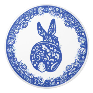 Blue Willow Design Rabbit Bunny Cute Ansikte Höger Knopp