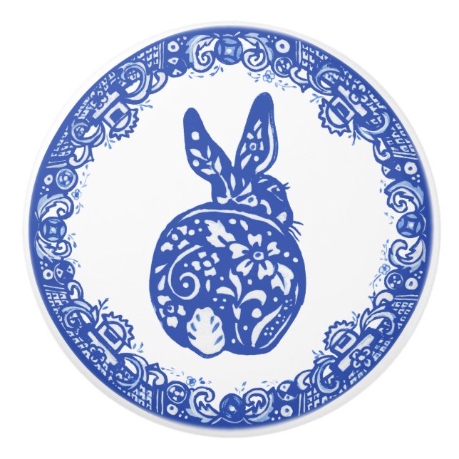 Blue Willow Design Rabbit Bunny Cute Ansikte Höger Knopp (Framsidan)