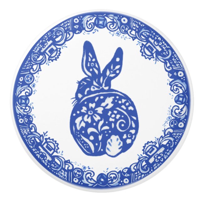 Blue Willow Design Rabbit Bunny Cute Ansikte Lämna Knopp (Framsidan)
