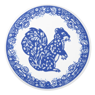 Blue Willow Design Squirrel Whimsical Ansikte Hög Knopp