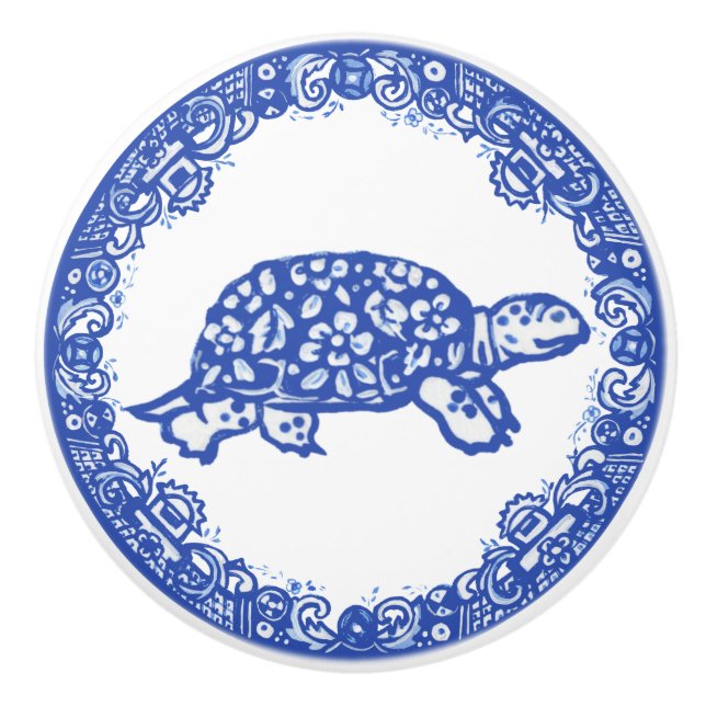 Blue Willow Design Turtle Tortoise Cute Ansikte Hö Knopp (Framsidan)